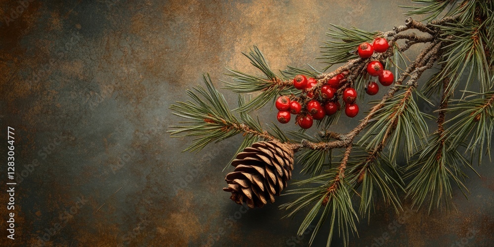 Poster Pine branch with vibrant red berries and a textured brown cone against a rustic green and brown background with soft lighting and detailed pine needles.