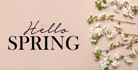 Beautiful blossoming branches on beige background. Hello, Spring © Pixel-Shot