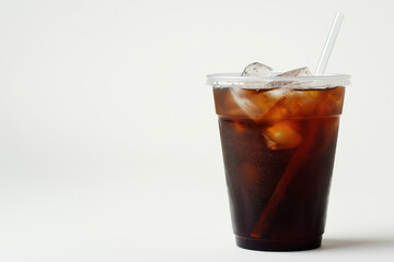 Refreshing Iced Coffee in Transparent Plastic Cup with White Straw &ndash; Light Brown, Frothy Beverage with Ice Cubes &ndash; Minimalist & Inviting Coffee Drink on a Clean White Background