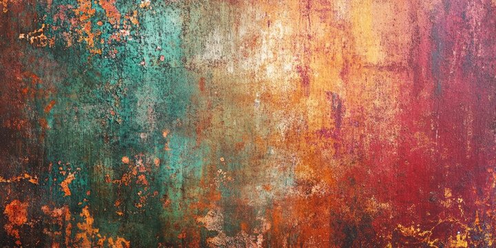 Multicolored Rusty Metal Surface Abstract Texture with Shades of Teal Orange and Red Featuring Grungy Rust Patterns in a Horizontal Layout