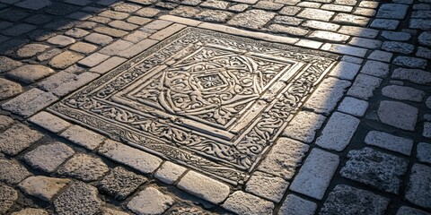 Medieval ornamental pavement in a sunlit square featuring intricate stone designs surrounded by cobblestones, highlighting ancient craftsmanship and artistry.