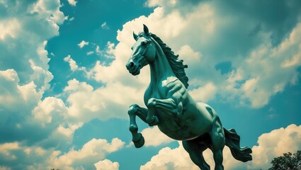 Fototapeta premium Bronze statue of a horse rearing up against a dramatic blue sky with scattered clouds in a public park setting
