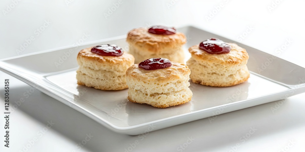 Poster scones topped with red jam arranged on a white plate with a clean light background showcasing a deli