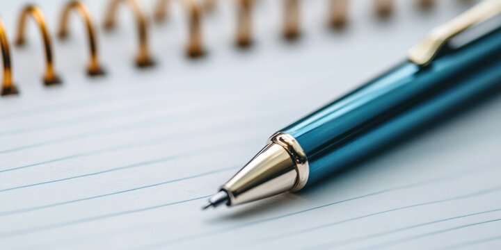 Elegant pen resting on blue-lined notebook paper with a golden spiral binding and a silver paper clip, all set against a clean white background. - Powered by Adobe