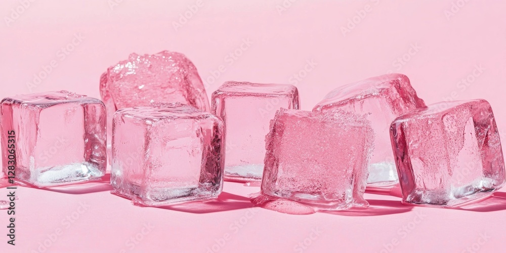 Aufkleber clear ice cubes melting on a soft pink backdrop with reflections and light highlights showcasing tex
