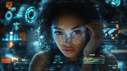 modern businesswoman analyzing financial data through a futuristic hologram interface studying digital graphs and corporate trends in an innovative technology office