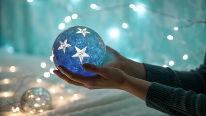 Fototapeta premium A hand holds a glowing deep blue orb with silver stars, surrounded by cool teal and icy blue bokeh, evoking a celestial ambiance.