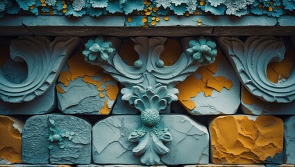 Ornate architectural detail with floral motifs on aged stone surface in decorative blue and yellow color scheme