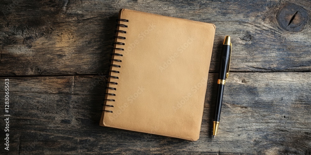 Leinwandbilder Overhead view of a tan spiral notebook and a black pen on a textured wooden tabletop with natural tones creating a rustic workspace atmosphere