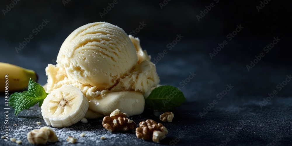Poster banana ice cream scoop garnished with walnuts and fresh banana slices green mint leaves on dark text