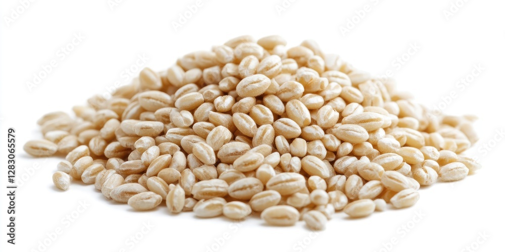 Poster pile of pearl barley with smooth creamy texture positioned centrally against a clean white backgroun