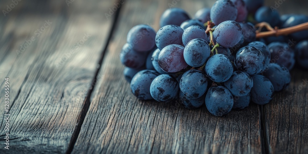 Leinwandbilder fresh dark purple grapes scattered on a rustic wooden surface with dew drops glistening in soft ligh
