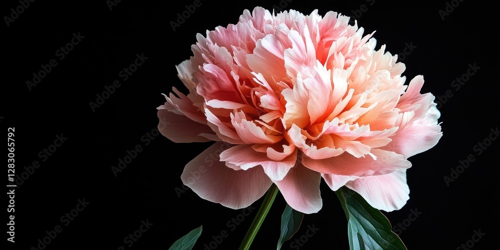 Poster Peony flower with playful shape in soft pink and white hues positioned on the left side against a solid black backdrop showcasing unique features