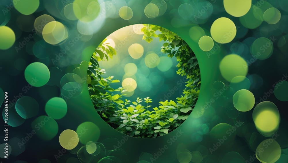 Poster abstract green nature background with circular bokeh effect and lush foliage creating a serene and d