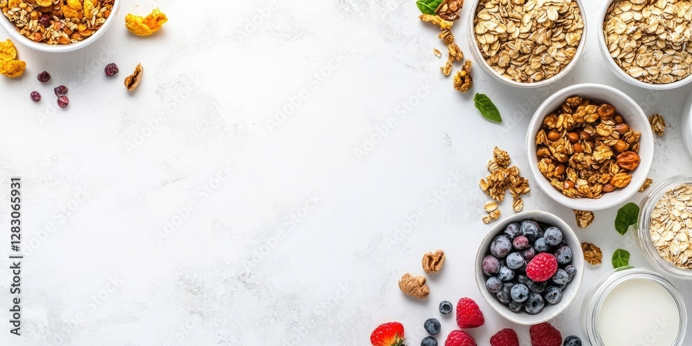 Poster healthy breakfast ingredients arranged on a white surface featuring bowls of cereals fruits and nuts