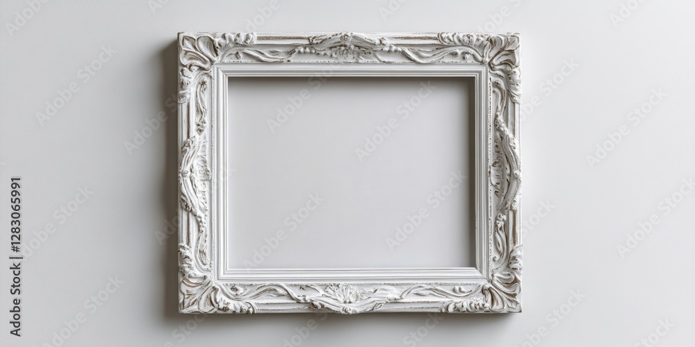 Poster elegant vintage white picture frame with intricate detailing positioned centrally against a clean wh