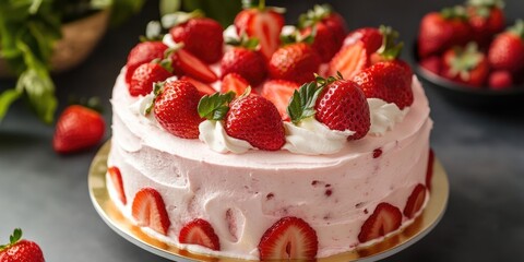 Strawberry cream cake topped with fresh strawberries and whipped cream in pastel pink and white hues, placed on a dark background with green foliage.