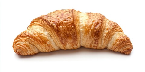 Golden flaky croissant positioned centrally against a white background showcasing its textured, crispy layers and warm hues of brown and gold.