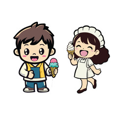 Cute Boy and Girl with Ice Cream, Vector Logo