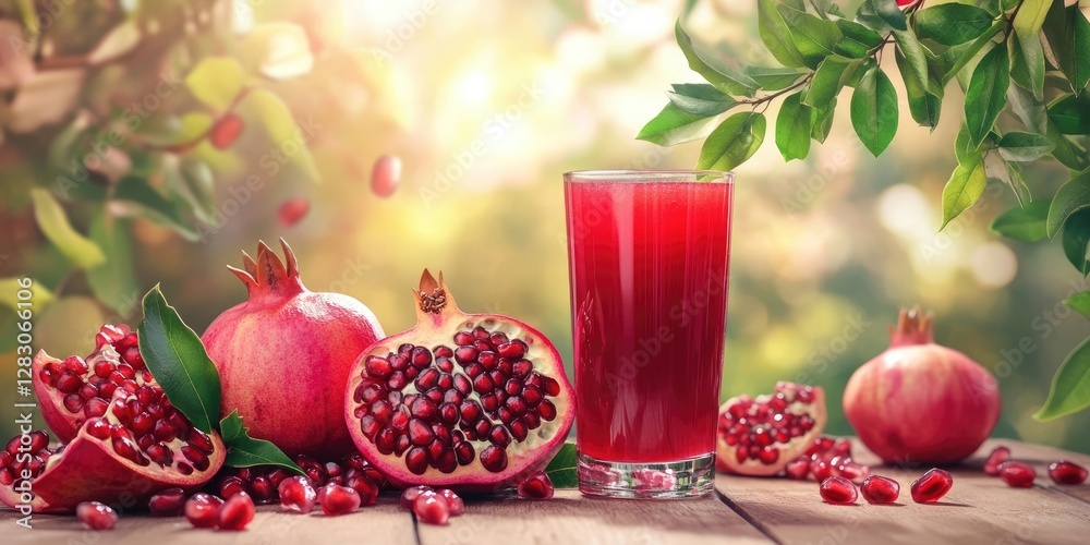 Poster fresh pomegranate juice in a tall glass next to whole and halved pomegranates with glossy red seeds 