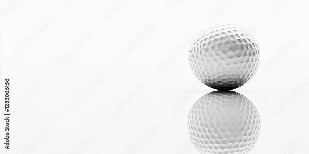Poster golf ball with textured dimples resting on reflective surface, positioned right against white backgr