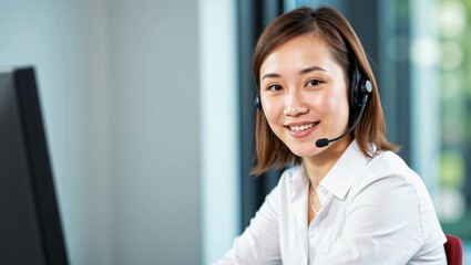 Professional Call Center Agent with Headset Assisting Clients Remotely in an Office Environment