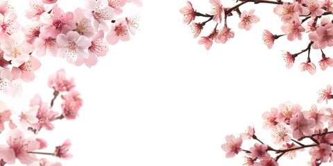 Fototapeta premium Blossoming cherry branches in soft pink hues frame a clean white background with empty space for text on a postcard design perfect for spring.