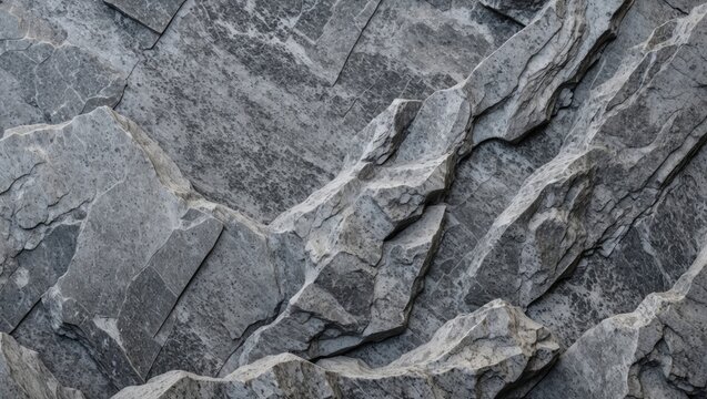 Close-up view of textured grey rock surface with uneven layers and crevices, showcasing natural geological patterns and materials.