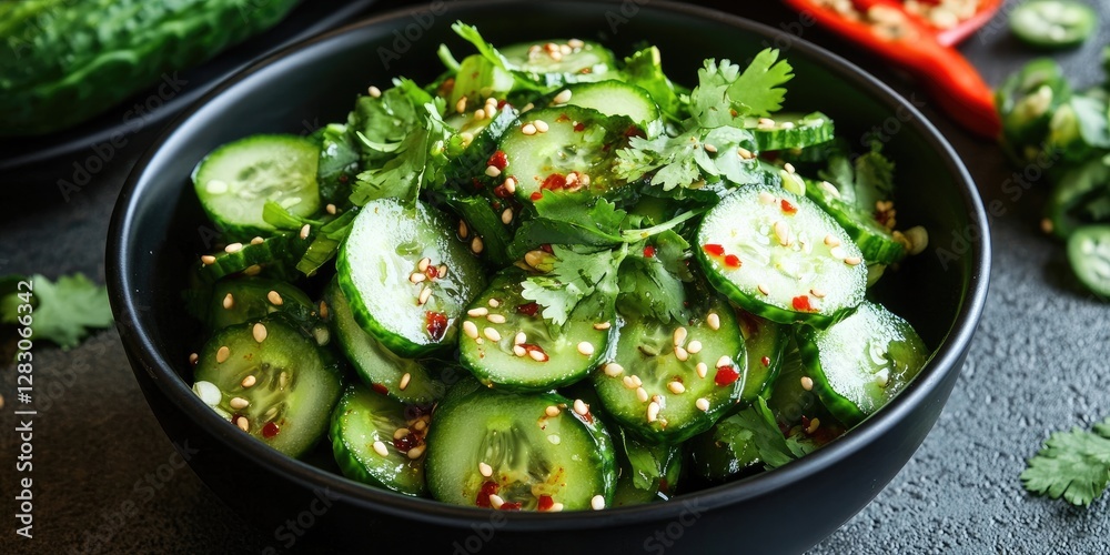 Poster Fresh cucumber salad with sliced cucumbers topped with sesame seeds and cilantro in a black bowl on a dark stone background with red chilies.