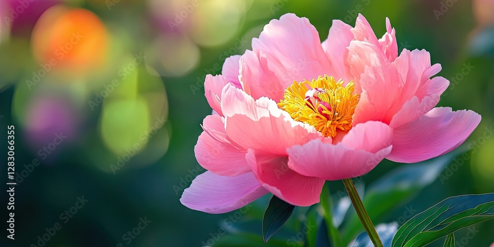 Poster pink peony flower in full bloom with vibrant yellow center set against a soft green and blurred back