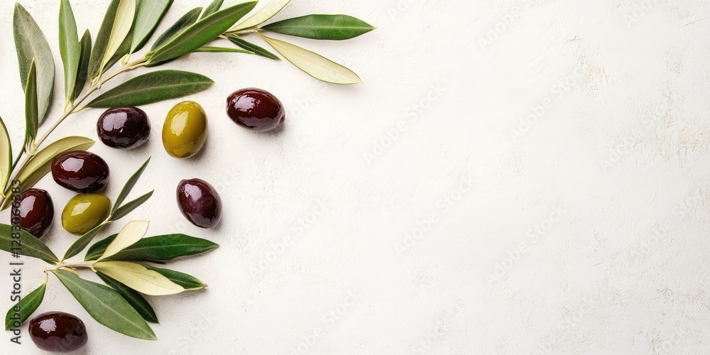 Aufkleber vibrant green and dark olives on an olive branch with leaves arranged on a light textured backdrop a