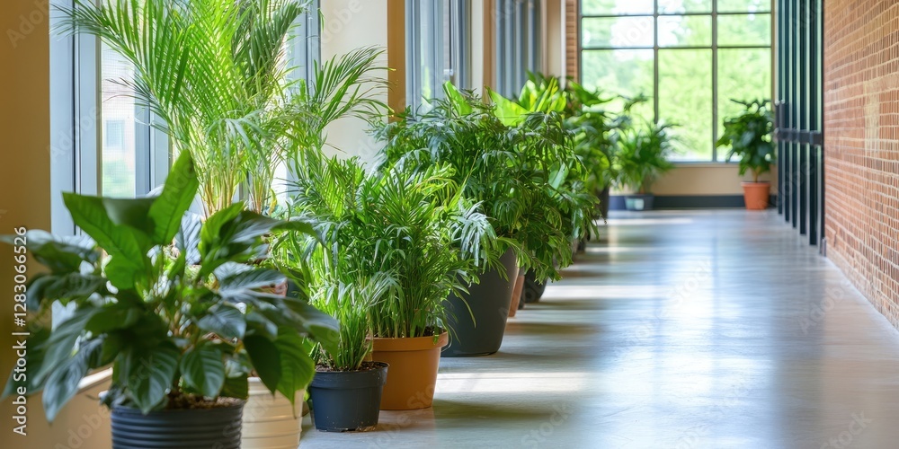 Poster vibrant green indoor plants line a sunlit corridor with large windows and brick walls creating a ser