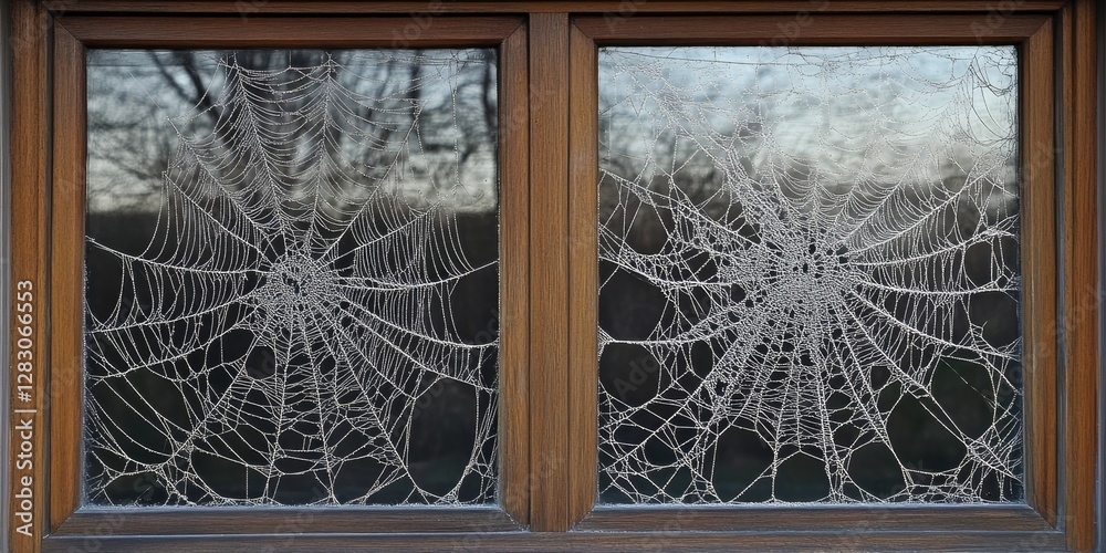 Aufkleber intricate spider webs glisten on a wooden window frame at dusk with muted natural tones creating a s
