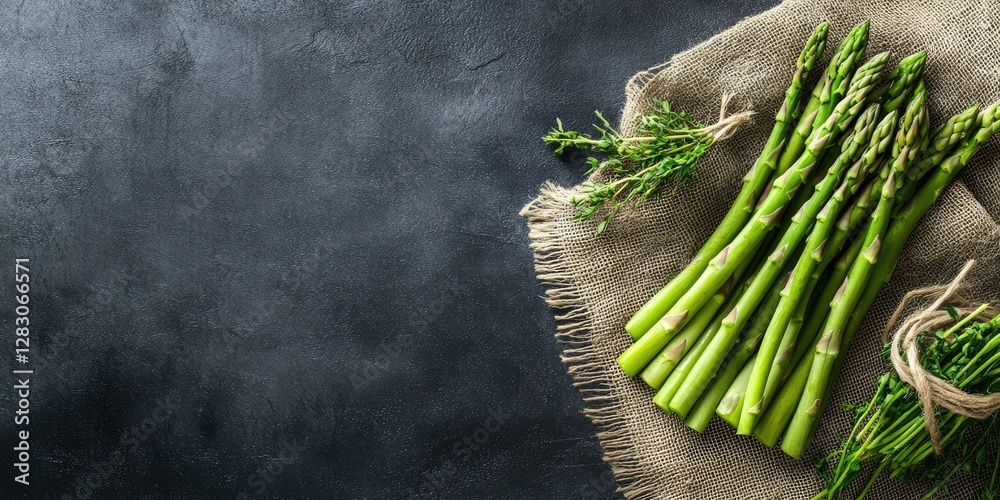 Poster Fresh green asparagus spears arranged on textured burlap cloth with sprigs of thyme on dark slate background creating a rustic gourmet scene.