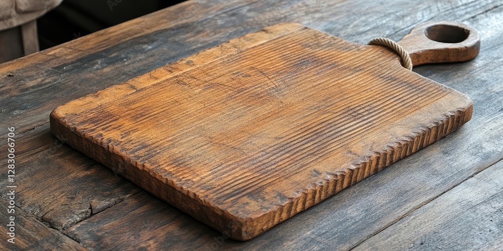 Poster rustic wooden cutting board with a rope handle placed on a textured dark wooden table showcasing nat