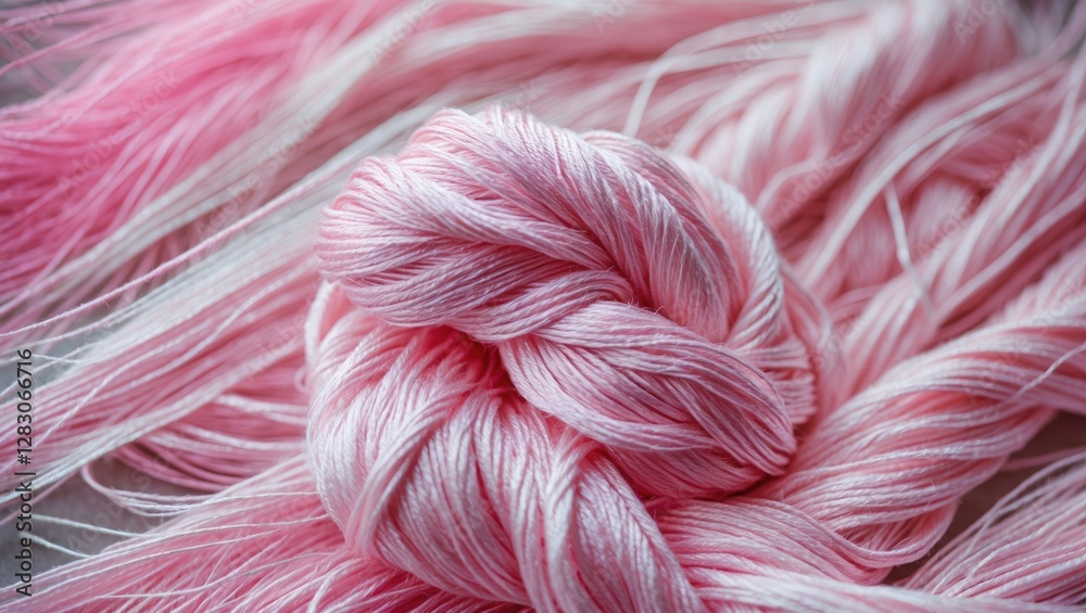 Poster Pastel pink thread texture close-up on soft background showcasing delicate fibers for fabric and craft projects.