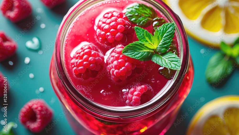 Aufkleber Vibrant Jar of Raspberry Lemonade Garnished with Fresh Mint and Citrus Slices on a Colorful Background