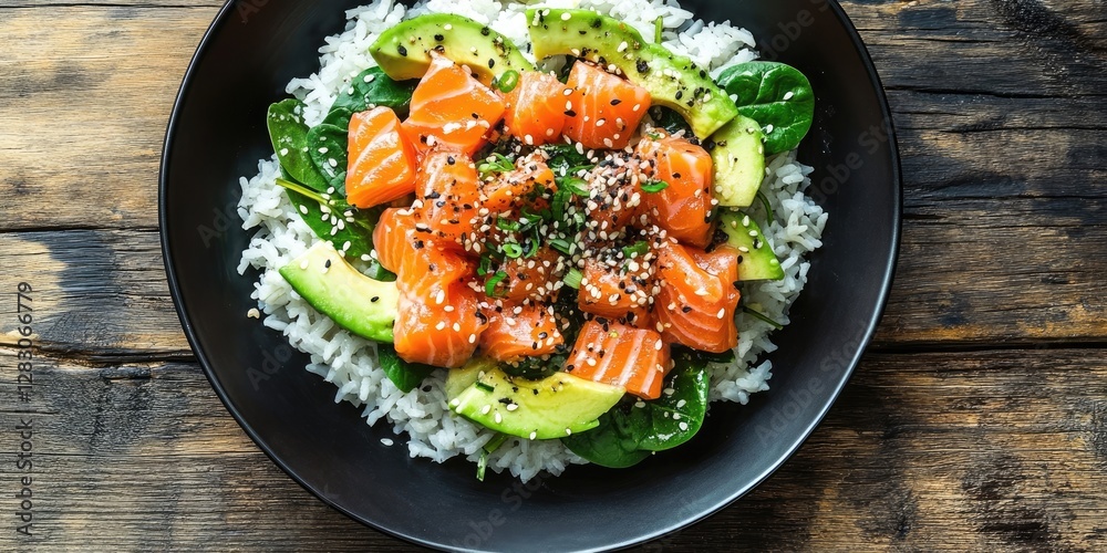 Poster salmon and avocado slices atop spinach and rice in a black bowl on a rustic wooden table vibrant gre