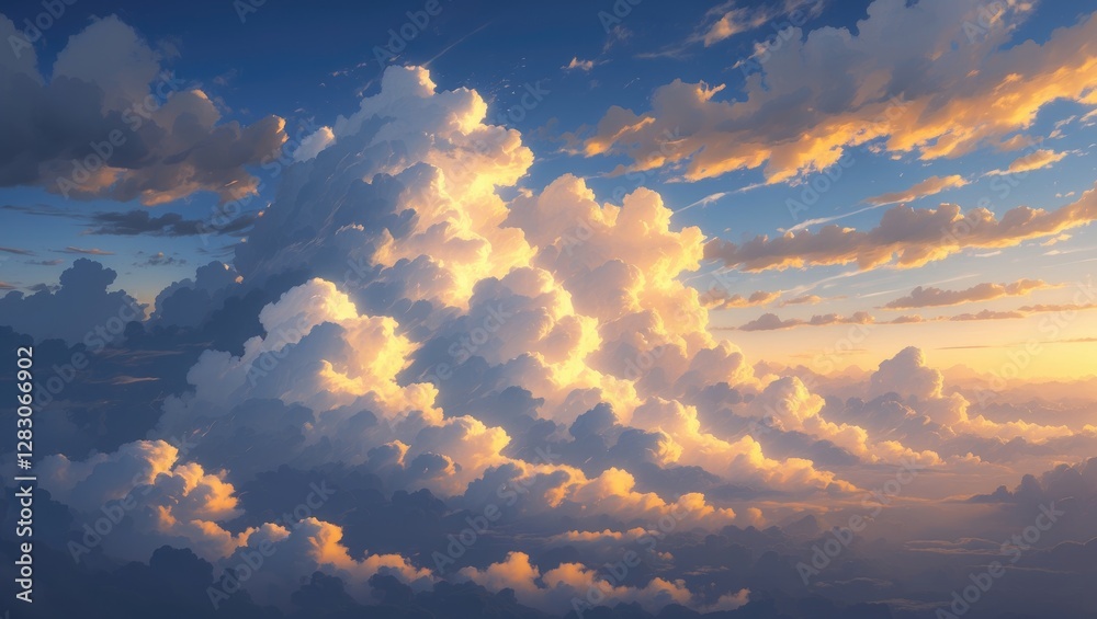 Poster majestic sunset clouds illuminated by golden light showcasing dynamic shapes and textures in a breat