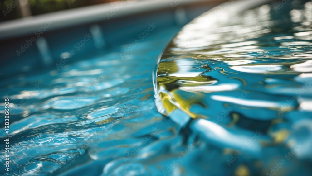 Aufkleber Closeup of tranquil pool water surface reflecting light and surrounding greenery creating a serene summer atmosphere.