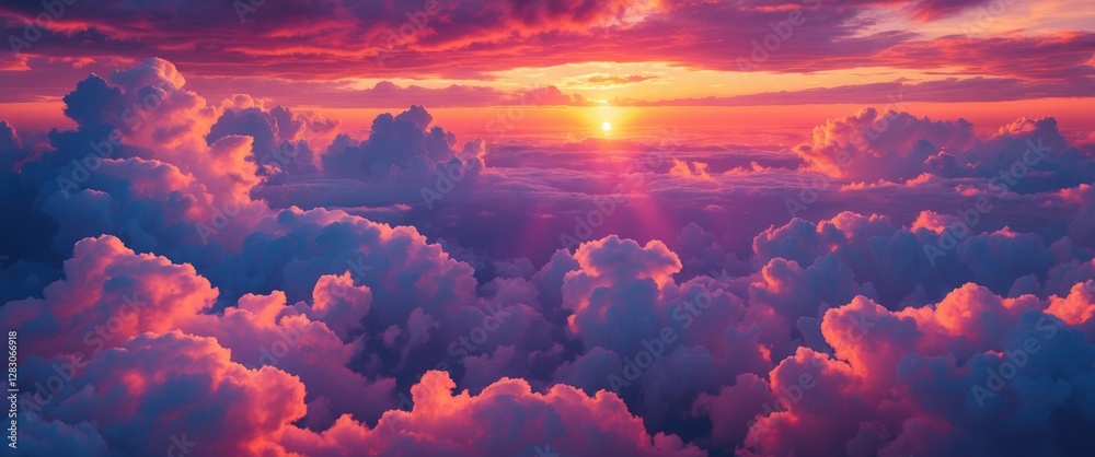 Poster vibrant sunset over a blanket of clouds with hues of pink and orange illuminating the sky creating a