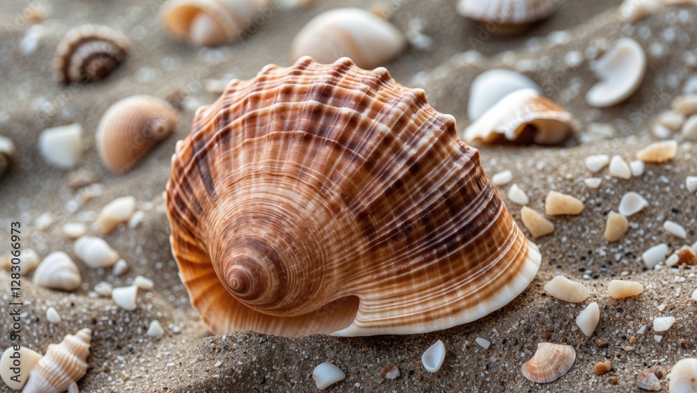 Poster close-up of a detailed brown seashell resting on sandy beach, surrounded by small shell fragments an