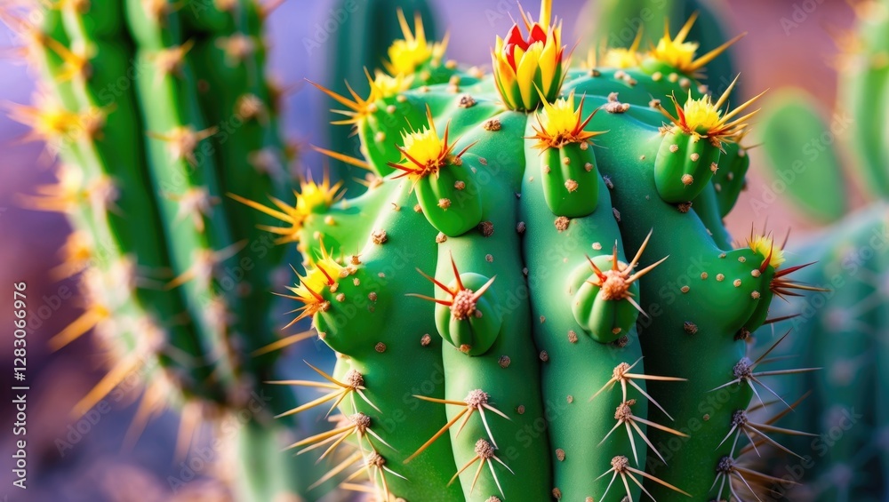 Aufkleber vibrant closeup of green cactus with colorful flowers and sharp thorns against a soft background