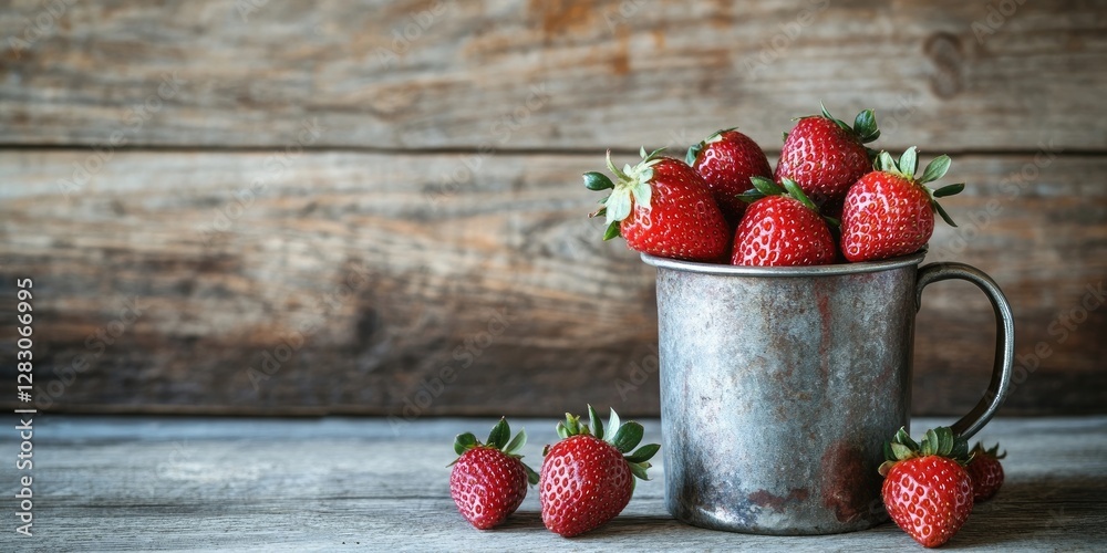 Poster rustic wooden table with a weathered metal mug overflowing with fresh ripe strawberries placed to th