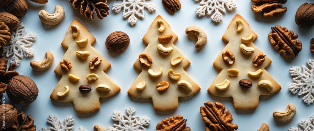 Poster christmas tree shaped butter cookies topped with cashew nuts and walnuts surrounded by snowflakes on