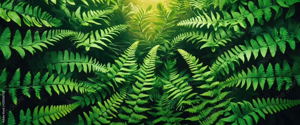 Poster lush green ferns with intricate patterns illuminated by soft light in a dense forest setting for nat