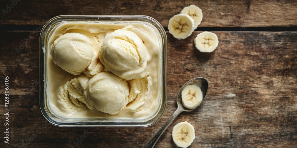Poster Homemade banana ice cream in a glass container with scoops and banana slices on a wooden surface natural tones vertical layout space for text
