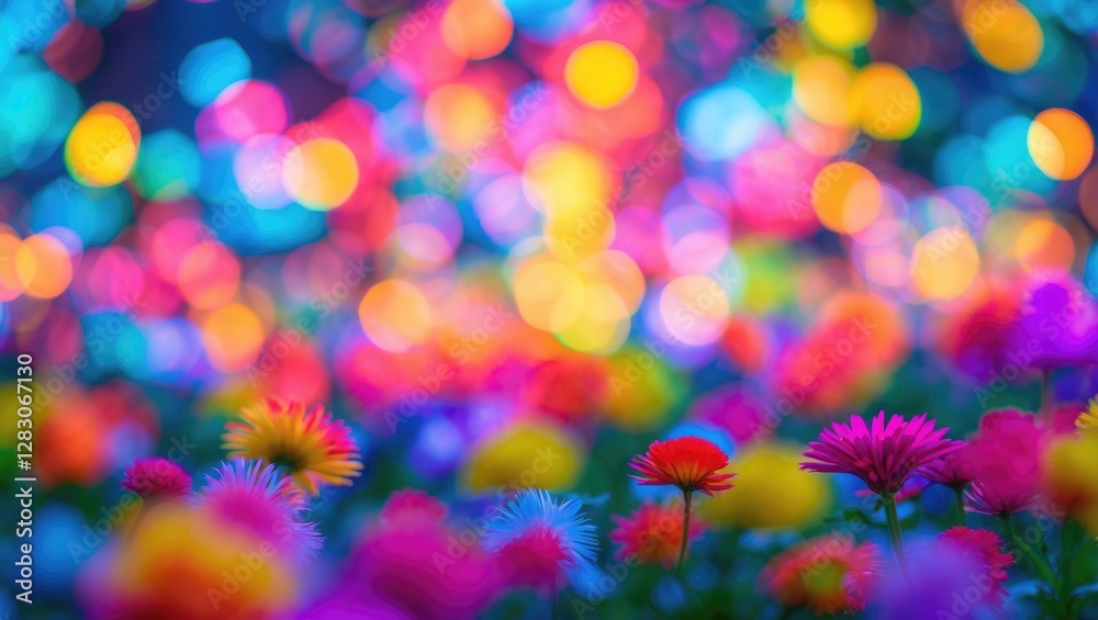 Poster vibrant floral bokeh background with colorful blurred lights creating a dreamy atmosphere filled wit