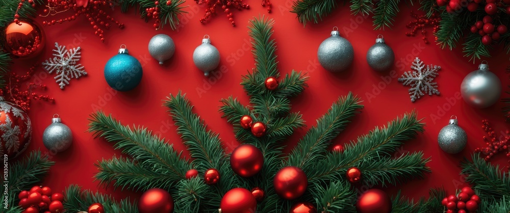 Poster festive christmas composition with fir tree branches and ornaments on vibrant red background featuri