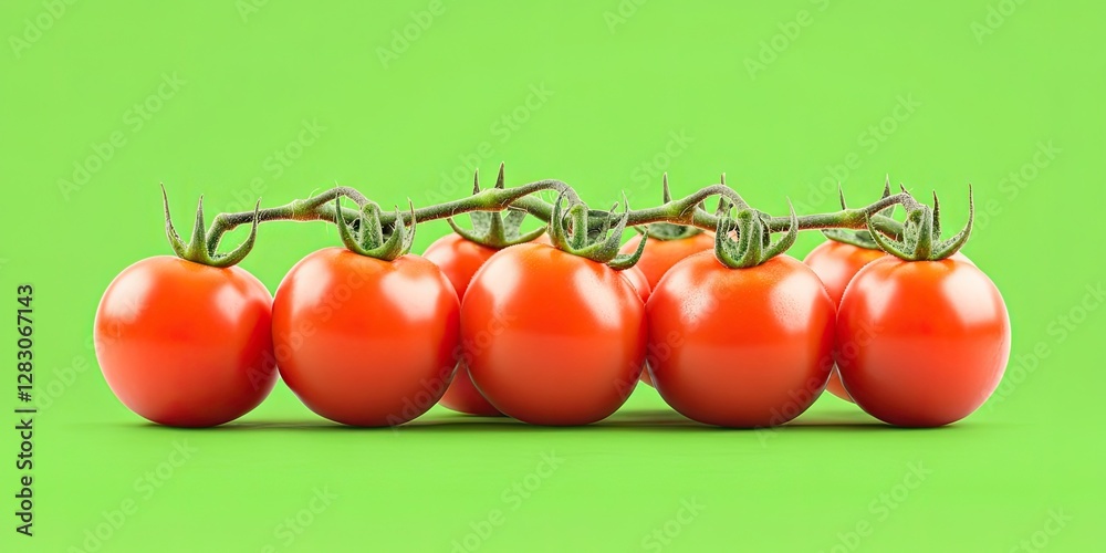Poster fresh red tomatoes on a green background arranged in a line, showcasing their vibrant color and gree